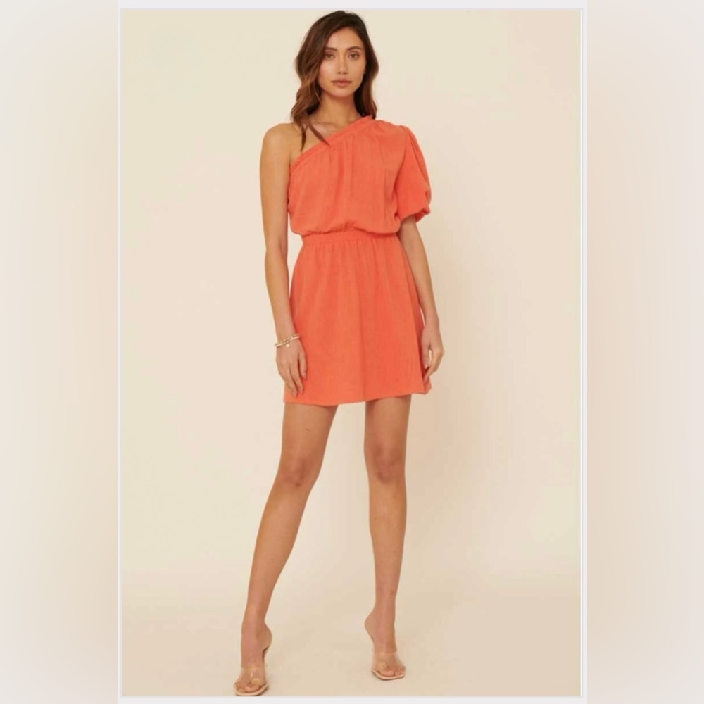 Promesa One Shoulder Mini Dress – Size Small – Coral Orange – Linen Blend